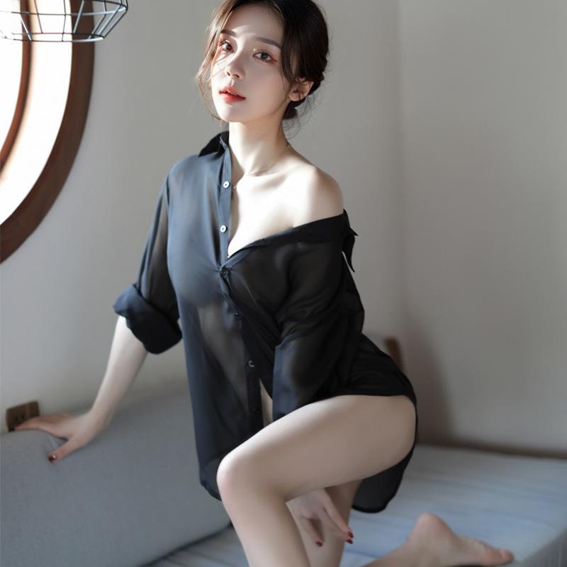 レディース 情趣下着 透け感 セクシー シャツ 制服 ルームウェア 肩出し 包臀 雪纺 ジョーゼット ナイロン 黒 白 春季 オールシーズン ..
