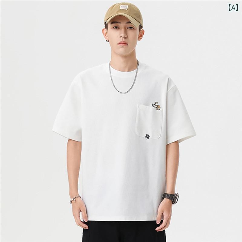 Spain （Clubs） - メンズ Tシャツ 短袖 ワッフル 刺繍 デザイン ゆったり フィット 半袖 トップス 抗シワ 加工 ポケット 飾り 綿ポリエステル 混紡 素材 青春 流行 スタイル 青年 向け 丸首 袖 普通 厚み 夏 シーズン 白色 宝藍色 カートゥーン プリント 刺