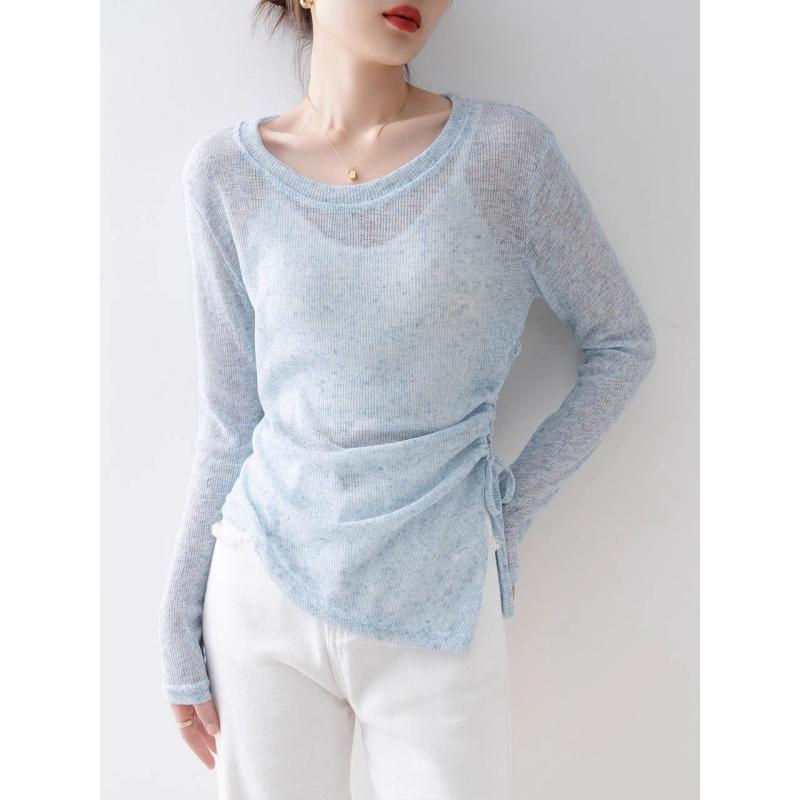 Rakuten - Tシャツ レディース 長袖 丸首 ギャザー ゆったり トップス 通勤 気質 スタイル ポリエステル 紡績 無地 セットインスリーブ 普通丈 韓国風 別注 デザイン 夏 ブルー ホワイト 快適 休日 デイリー 着回し 軽やか 涼しい 日常使い