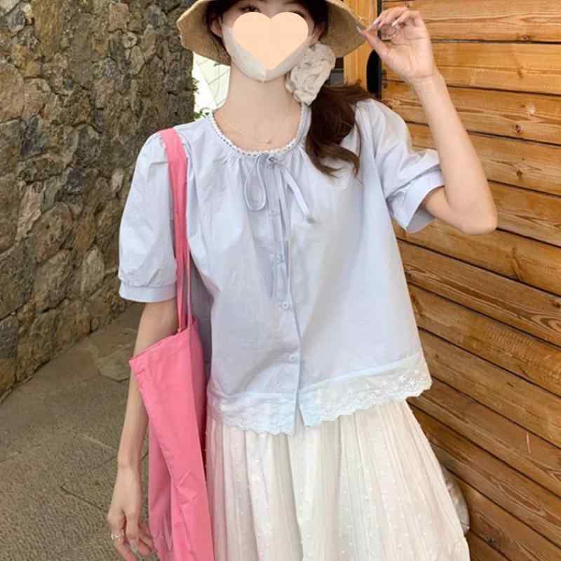 素色 - レディース シャツ トップス モダール繊維 切り替え 花柄 レース 紐 斜め肩 短袖 Aライン スタンドカラー プリント 浅青 黄色 気質 通勤 韓国風 秋季 オフィス 普段使い 軽やか 涼感 フェミニン スタイル 女性用 上衣