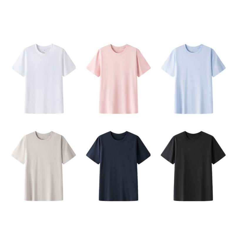 Other - Tシャツ メンズ レディース 無印風 天竺 編み 丸首 短袖 上衣 インナー 男女 純色 綿 素材 都市 通勤 スタイル 気質 春季 オールシーズン 白 黒 ピンク ライトイエロー ダークグレー ネイビー 普段使い 軽量 伸縮性 トップス シャツ カジュ