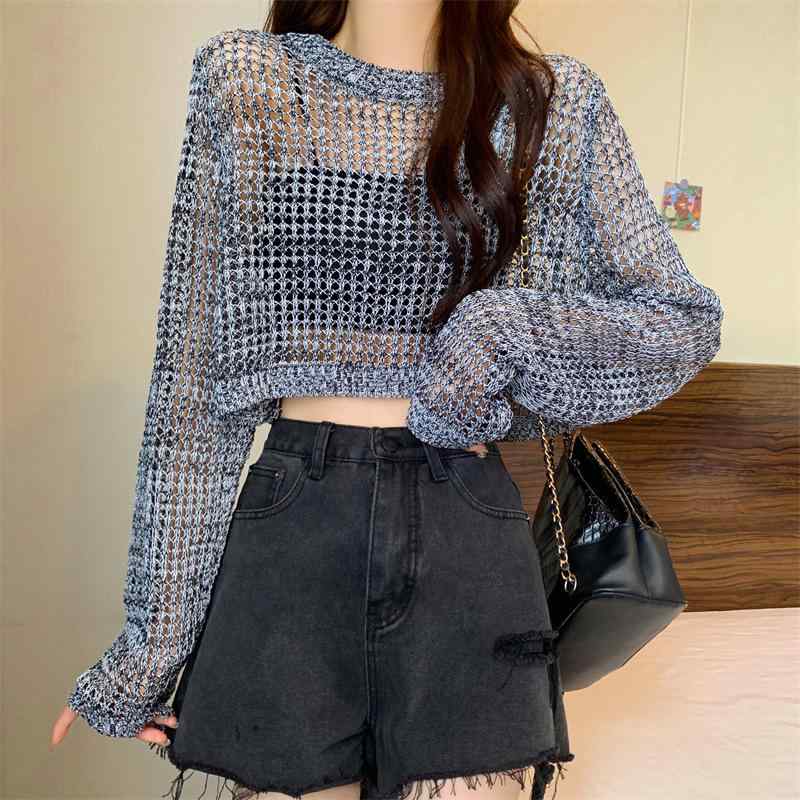 Other - ニット トップス レディース 長袖 春夏 防晒 薄手 透け感 ラウンジ ゆったり スリム ショート丈 丸首 ナイロン スパンデックス グレー 白 黒 爽やか 甘め 優しい 気質 エレガント 樹脂加工