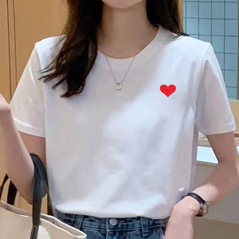 Rakuten - Tシャツ レディース 短袖 丸首 綿 木綿 3Dプリント ゆったり インナー トップス 打底シャツ 春夏 白色 黒 心型 笑顔 日韓 カジュアル プリント 柄物 夏服 インナーウェア ベースレイヤー ゆったりシルエット 日常使い