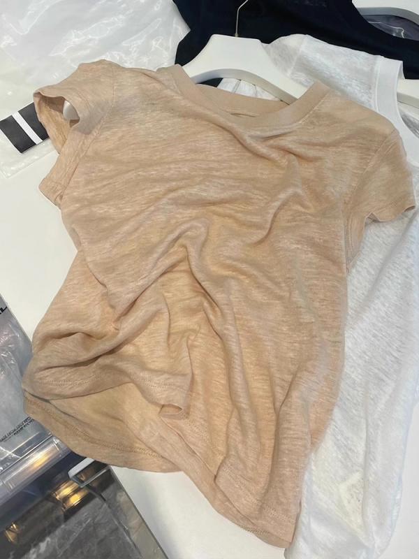 Rakuten - レディース Tシャツ 短袖 綿麻 接触冷感 親肌 透気 薄手 丸首 リブ 春夏 純色 韓国風 快適 日常 軽量 吸湿 速乾 日韓 カジュアル トップス 女性用 涼感 上衣