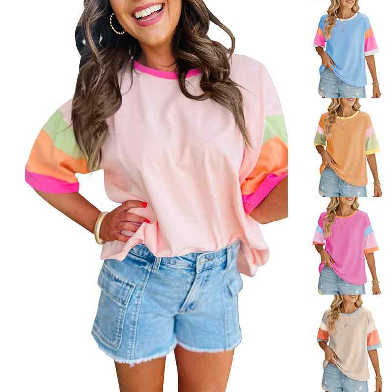 T-Shirts - Tシャツ レディース 春夏 ピンク 天藍 オレンジ バラ 幅広 ゆったり 綿 スパンデックス 切り替え 丸首 短袖 セットインスリーブ 街頭 カジュアル 日常使い 通勤 トップス ビッグシルエット 伸縮性 快適 吸収速乾 ソフトタッチ コットン100 ミ