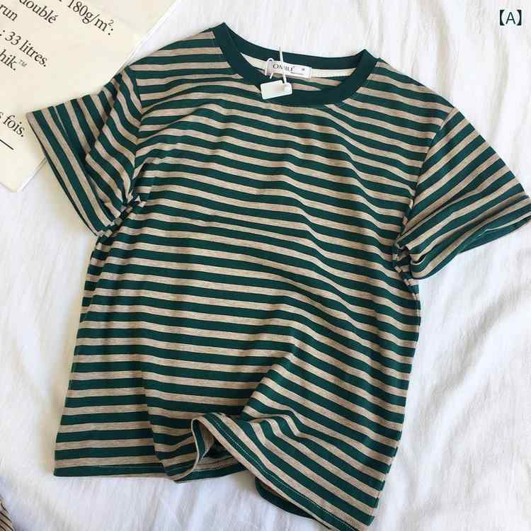 乐天商城 - Tシャツ 女性用 夏 学生服 条紋 短袖 トップス 綿素材 無領 セットアップ ゆったりシルエット 袖カフス ロールアップ 袖 緑 黒 細条 太条 清新 かわいい 学院風 日常使い 軽量 染色加工 春夏 シーズン トップス 女性 夏服 学生向け ストライ
