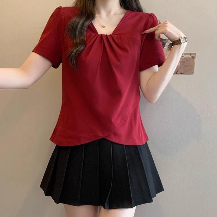 T-Shirts - Tシャツ レディース 短袖 春夏 赤 黒 白 紫 大きいサイズ ゆったり ポリエステル 切り替え デザイン 不規則 ヘム トップス 通勤 普段使い 気質 スタイル 遮腹 スリム 効果 普通丈 袖 セット ネック