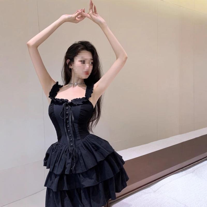洋装 - ワンピース レディース 黒 夏 吊り帯 短丈 蛋糕スカート 荷叶边 フレア スカート 純欲 風 切り替え デザイン ポリエステル 繊維 幾何学 柄 気質 優雅 私服 名媛 スタイル