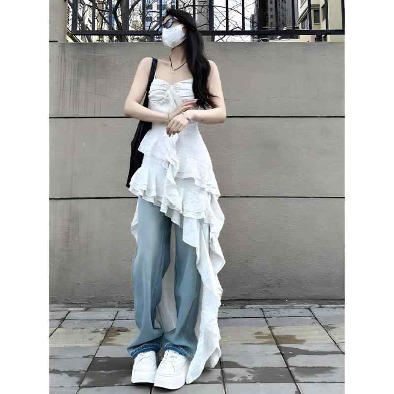 Other - ワンピース 女性用 春 ショルダーストラップ 無袖 短丈 プリント柄 不規則 フリル 切り替え 日韓 スタイル カジュアル デザイン 軽量 素材 日常使い 外出 デイリー かわいい 女性らしい シルエット