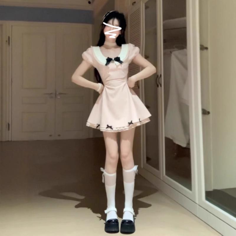 乐天商城 - ワンピース レディース 短スカート 夏 収腰 スリム デザイン かわいい 蝶結び 気質 プリンセススカート 方領 泡袖 短袖 中腰 フレア ポリエステル ピンク ネイビー 甘め 清新 復古 風