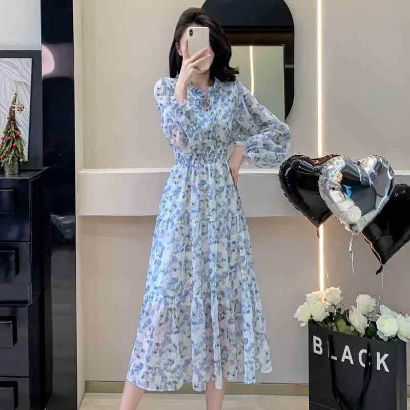 Rakuten - ワンピース レディース 春季 韓国風 甘め フリル 花柄 ロング 雪纺素材 印花 蛋糕裙 荷叶领 灯笼袖 長袖 松紧腰 蝶結び フリル 紐 切り替え プリーツ 木耳縁 裏地 泡泡袖 ロールエッジ 花柄 ギャザー 街頭風 気質 優雅 セットアップなし 単品