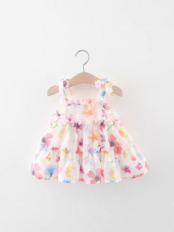 女の子 ワンピース 吊り帯 夏用 プリンセススカート 小花柄 雪花布 ポリエステル 綿裏地 かわいい 軽量 花柄 ピンク ブルー 1-3歳 80-110cm 韓国風 インナー不要 日常着 女児服 ガーリー フレアスカート 通気性 ソフト素材 幼児用 夏服