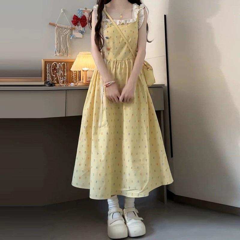 ワンピース レディース 長め Aライン 方領 ノースリーブ 中腰 フレンチ 気質 かわいい 花柄 ドット柄 綿素材 木綿混 黄色 通勤 快適 休..