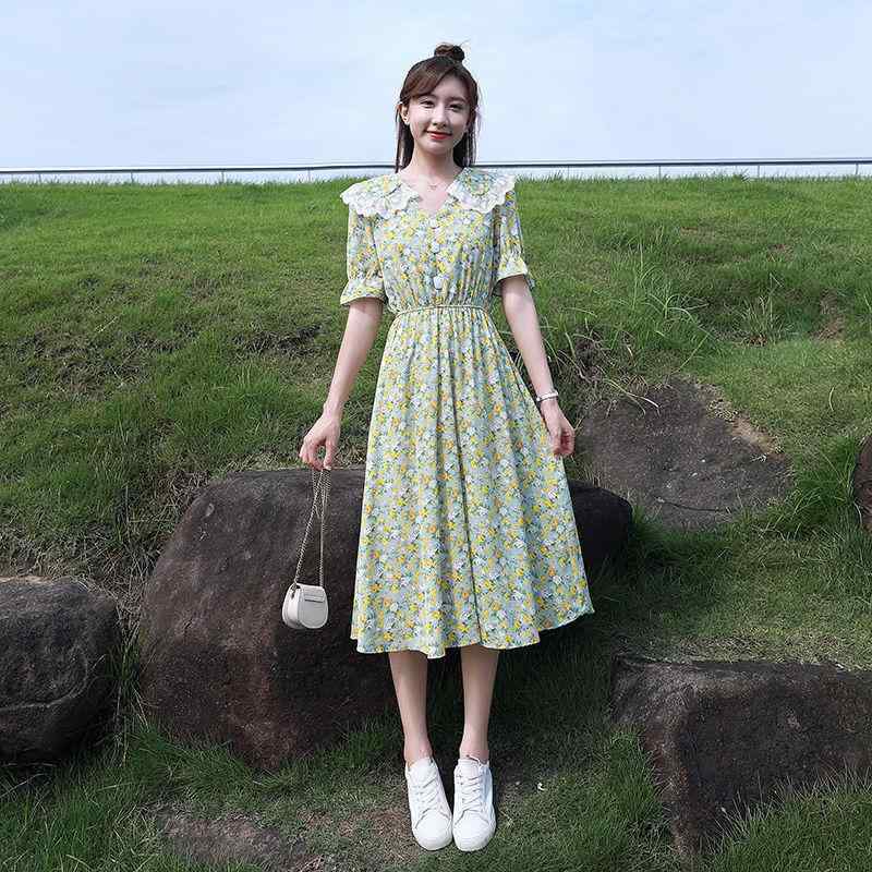 Rakuten - ワンピース レディース 春夏 緑 フレッシュグリーン 花柄 プリント シフォン 素材 ポリエステル 繊維 甘め 清新 スタイル ストリート ファッション Aライン ミドル丈 スカート デザイン ドルマンスリーブ 短袖 ドルマンスリーブ デザイン ミッドウ