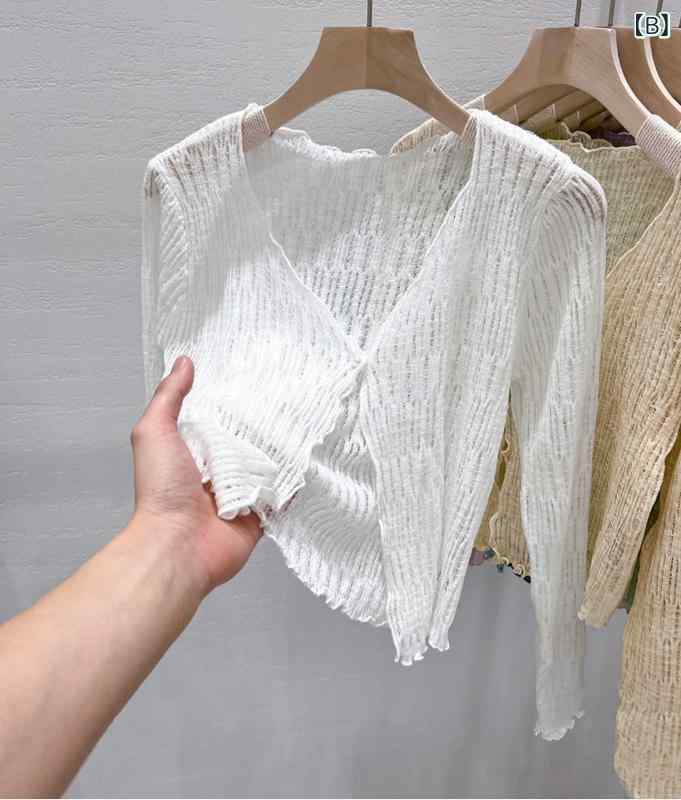 リメイクバディーのカーディガン レディース 夏用 吊り下げ トップス 外掛け 罩衫 木耳エッジ レースアップ 小ショール 薄手 ジャケット 春夏 長袖 Vネック 修身型 単排ボタン 綿ポリエステル 黒 白 緑 紫 ピンク かわいい 甘め 清新 スタイル 軽量 通勤 普段使｜アングル3