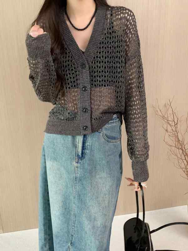 ニット カーディガン レディース Vネック 長袖 開襟 ボタン 透け感 レース ニット ワッシャー 素材 春夏 薄手 ゆったり デザイン 深灰 白 杏 私服 かわいい セクシー ガーリー スタイル 軽量 涼しい 日常使い