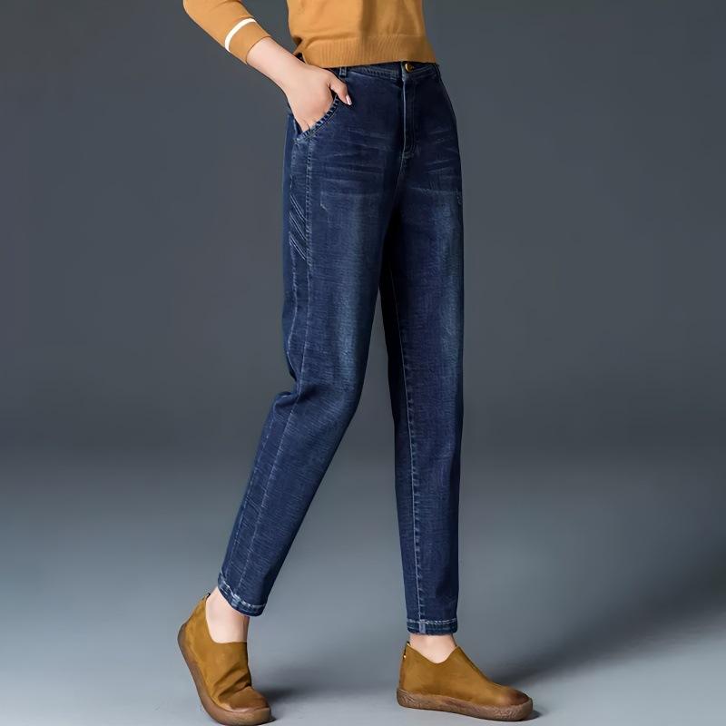 Capri Pants - レディース デニムパンツ ハーレム ワイドレッグ ロング コットン 素材 微弾性 ゆったり腰 切り替え デザイン 秋冬 通勤 普段使い 都市スタイル 気質 かわいい スタイルアップ 大きめサイズ 黒 紺 ブルー