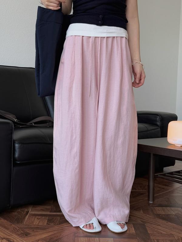 レディース ワイドパンツ 麻 素材 レイヨン 混 薄手 ミックス 軽量 立体 シルエット スリム 効果 ゆったり ロング 丈 松 腰 微 弾性 白色 ピンク ネイビー 日韓 スタイル カジュアル 夏 シーズン 普段使い 通気性 良い 女性 向け 快適 履