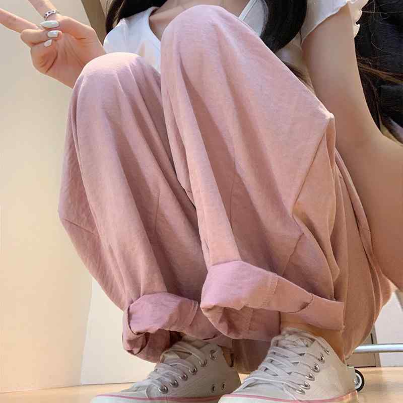 樂天商城 - レディース ワイドパンツ 夏 薄手 高腰 九分丈 ローライズ ハルフィンガー ポケット 付き 綿混 ポリエステル アセテート 繊維 伸縮性 ポリウレタン 混紡 軽量 ゆったり シルエット 黒 米白 ライトブルー ピンク カーキ 日常 使い 通勤 普段着