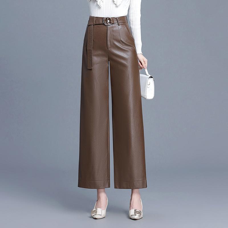 樂天商城 - レディース 九分パンツ ワイドレッグ 革パンツ 秋冬 高腰 スリム PU レザー ストレートパンツ ゆったり ロングパンツ 気質 通勤 スタイル ポケット 付き ポリエステル 混 微弾性 切り替え 加工 黒 ブラウン 黒色 茶色 ブラック カラーブラウン