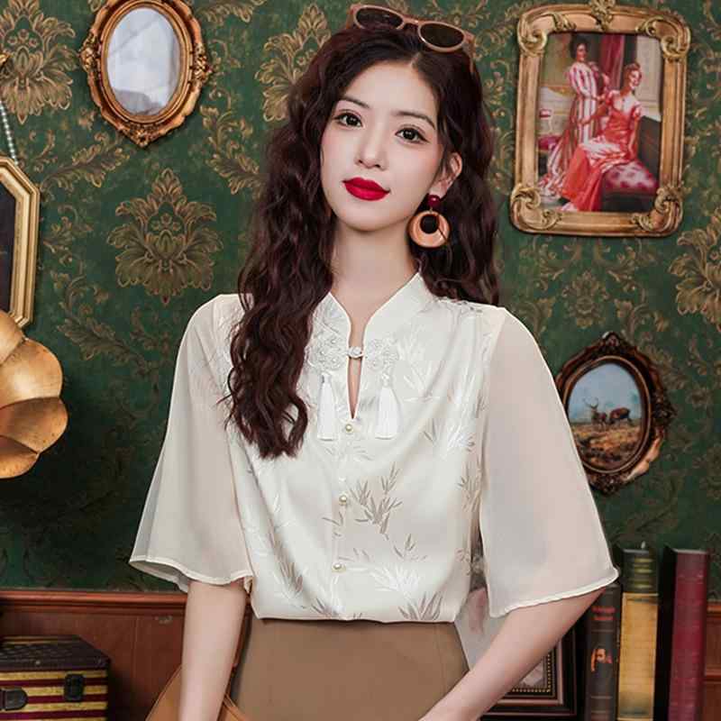 乐天商城 - 女性 シャツ チャイナ風 ディスクボタン サテン 短袖 雪纺 トップス 杏色 立襟 喇叭袖 五分袖 直筒 気質 優雅 通勤 セット シルク 純色 ボタン 夏 女性用 ブラウス シャツ 女性 夏服 気質 通勤 優雅 スタイル 杏色 シルク サテン 雪纺 素
