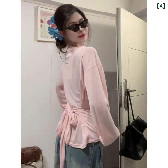 乐天商城 - Tシャツ レディース 吊り紐 ビブトップ 長袖 斜肩 切り替え デザイン 薄手 防晒 ガウン ピンク 白色 緑 紺 私服 夏 涼しい 涤纶 混紡 素材 ゆったり ワイド フィット 気質 スタイル 日常 コーデ ガード 紫外線 軽やか 肌触り ソフト トレ