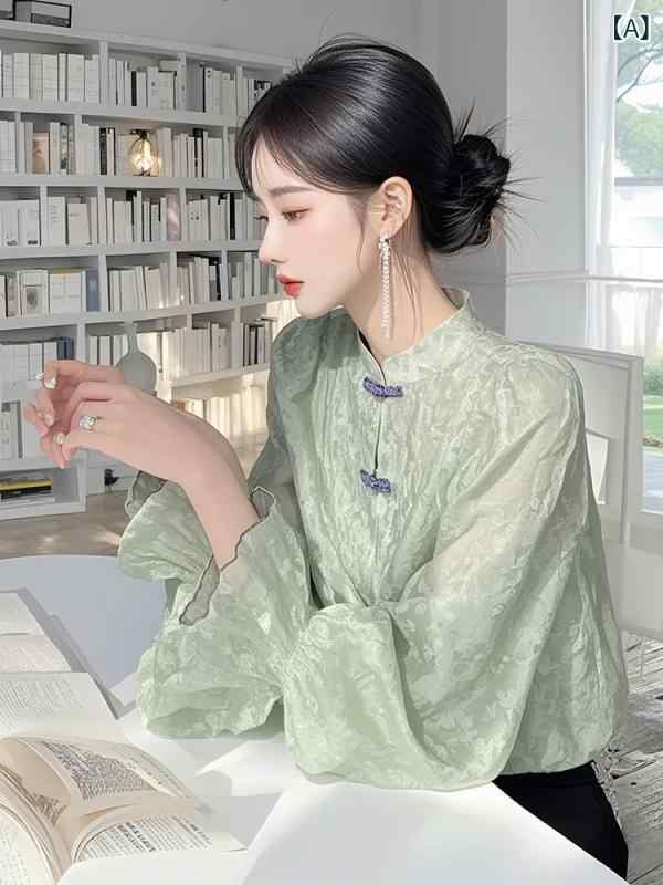 樂天商城 - レディース シャツ 緑 中華風 雪纺 ポリエステル 花柄 長袖 立領 ボタン ピンストラップ 拼接 デザイン 韓流 気質 優雅 日常使い 春夏 トップス ブラウス 軽やか 涼しい 通勤 デイリー
