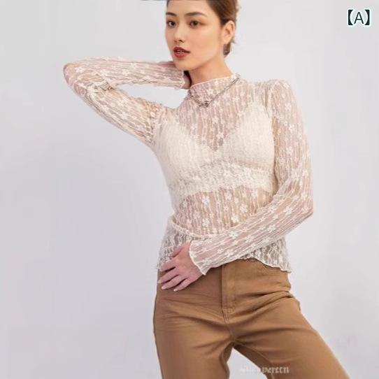 Tシャツ 女性用 春夏 フレンチレトロ 丸首 長袖 レース 花柄 プリント レース 刺繍 透け感 ポリエステル 白色 杏 白 黒 ライトブルー ストリート カジュアル 気質 エレガント トップス ブラウス チュニック シャツ 袖丈 ロング 袖 プリント柄