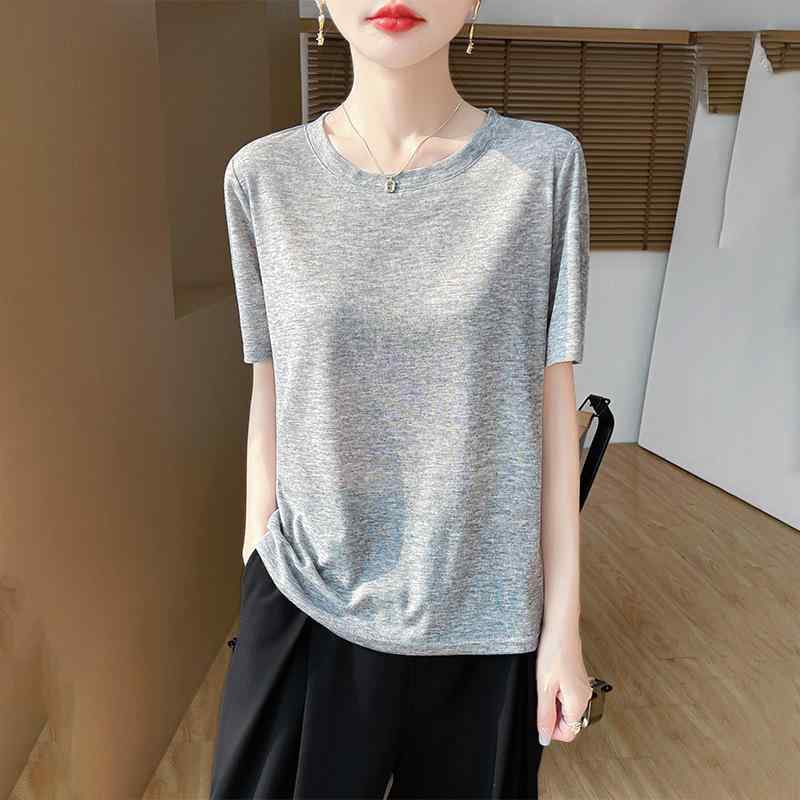 Tシャツ レディース 短袖 丸首 ワイド 薄手 インナー メッシュ素材 夏 気質 通勤 白色 ミ色 グレー ベージュ ブラック かわいい スリム ファッション 涼しい