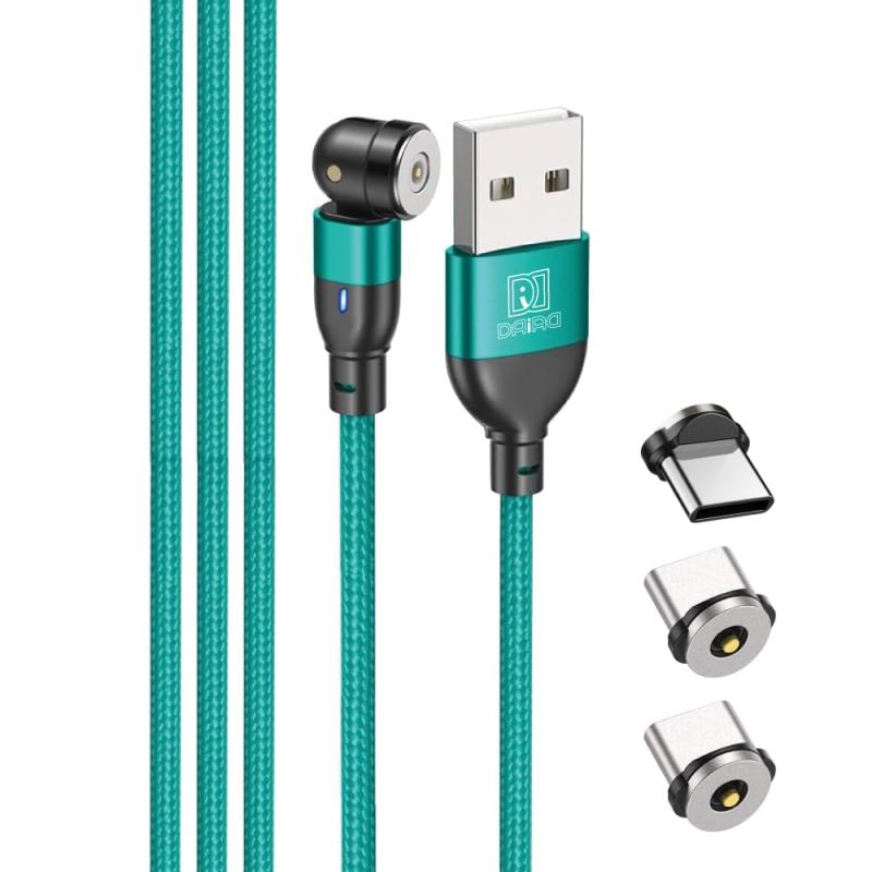 DAIAD USB A to Type-C マグネット式 充電ケーブル 1PIN 充電専用 着脱式 LED付き 防塵キャップ 首振り L字 360度回転 ナイロン編組 端子3個セット 3m