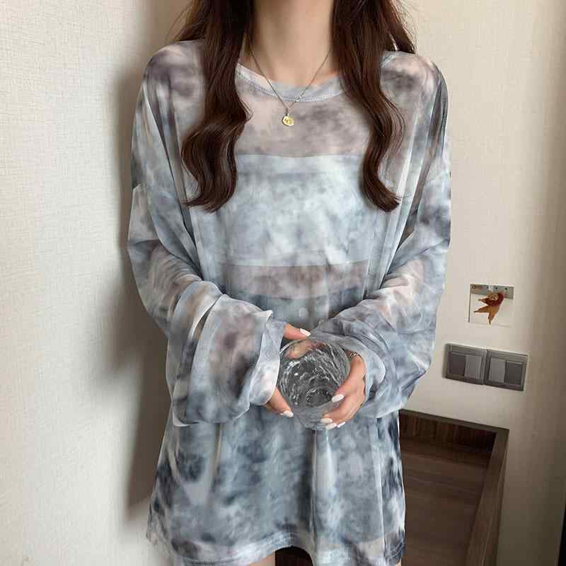 Tシャツ レディース 夏季 薄手 防晒 タイダイ 網纱 長袖 透け感 ゆったり 接触冷感 上衣 涤纶 ポリエステル 繊維 グラデーション セー..