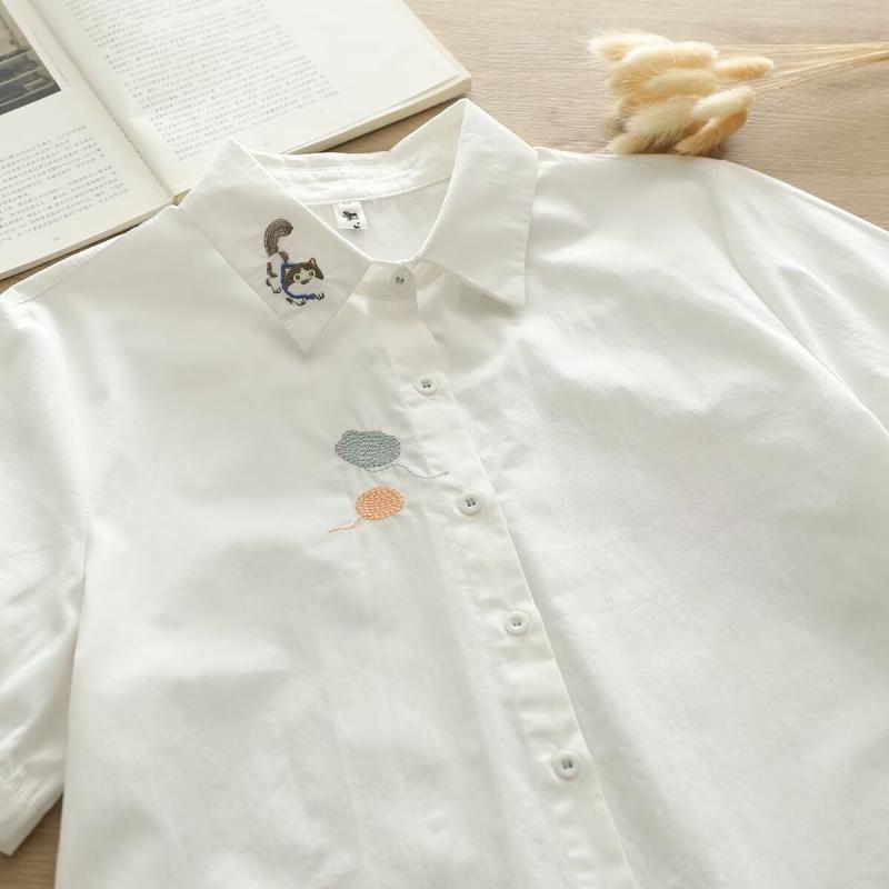 樂天商城 - レディース 短袖 シャツ トップス 綿 刺繍 猫 狐狸 かわいい 学院風 清新 甘い スタイル ボタン 開襟 ワイド フィット 普通丈 ストロベリー ラビット バタフライ ボウ フラワー チェリー 花柄 ピンク 赤 白 夏 春夏 季節 日常 通勤 外出