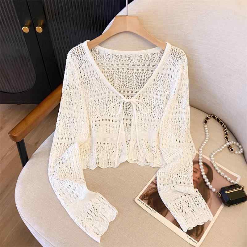 カーディガン レディース 開衫 長袖 夏 防晒 刺繍 ニット 薄手 ワイド ルーズ 丸首 紐 黒 卡其 杏 白 通勤 気質 粘膠繊維 中厚 単品 普通丈 樹脂加工 均码