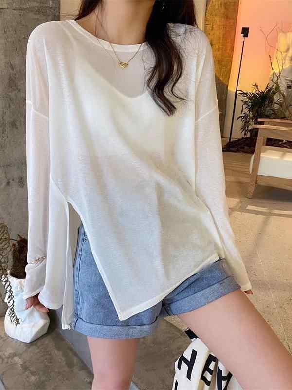 Tシャツ レディース 長袖 透け感 接触冷感 薄手 ゆったり 通勤 かわいい 純色 切り替え 開衩 防晒 UVカット 中長丈 丸首 セットアップ 夏 春夏 白色 グレー ピンク 涼しい 軽量 吸湿速乾 気質 清新 甜美 东南アジア向け