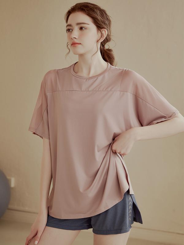 Rakuten - Tシャツ レディース 短袖 メッシュ 透け感 速乾 ピンク 緑 紫 吸汗 透気 夏 薄手 ポリエステル ワイドフィット ヒップカバー ランニング フィットネス ヨガ 女性用 軽量 運動ウェア