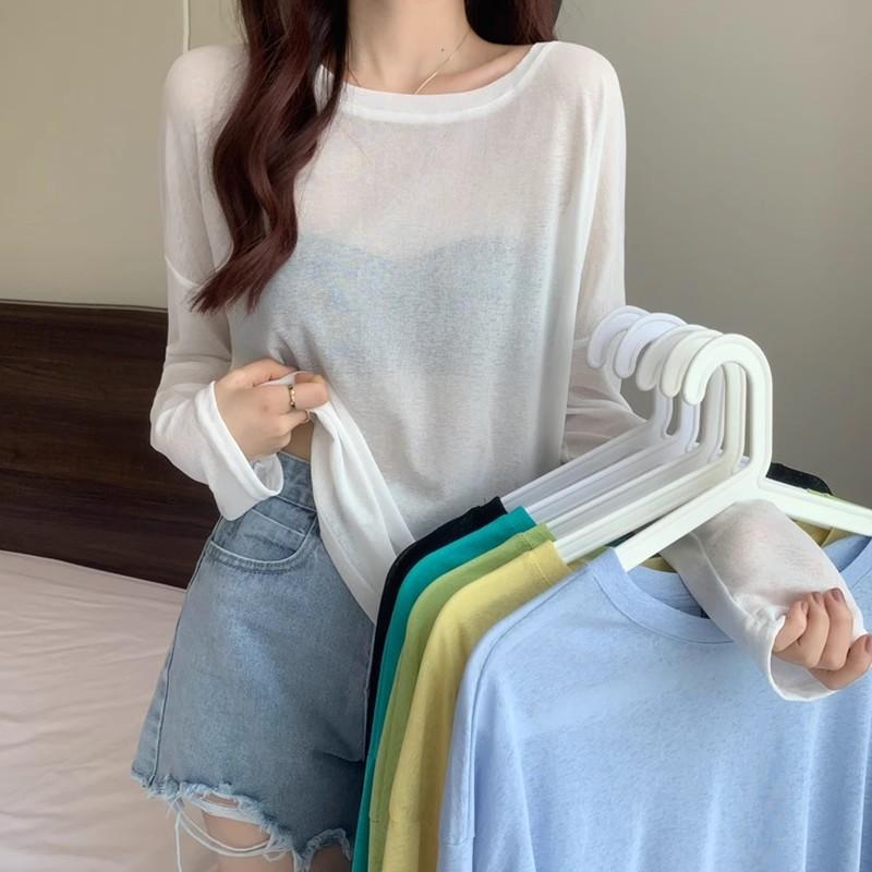 Rakuten - Tシャツ レディース 長袖 夏 防晒 薄手 ゆったり セットイン 接触冷感 ポリエステル 韓国風 純色 牛油果 白 ピンク ライトグリーン ミントグリーン ライトグレー ライトブルー オレンジ 紫 黒 天藍 ローズ グリーン 薄緑 グレー 湖 ミント ア