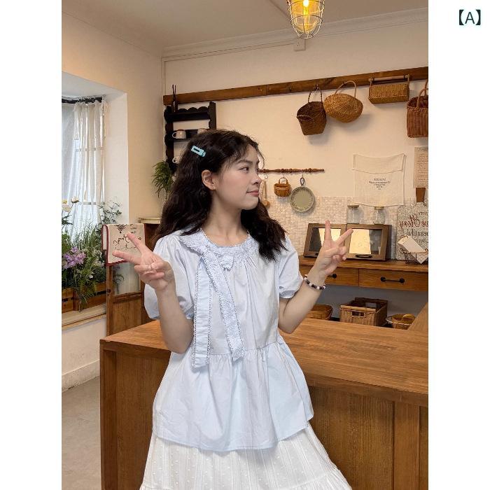 Rakuten - レディース シャツ トップス 短袖 泡泡袖 蝶結び リボン 紐 締め 甘め 韓系 かわいい プチサイズ 別注 綿 素材 純色 ソリッド セット ヘッド 丸首 ラウンドネック 普通丈 50-65cm 軽量 日常使い 春夏 ライトブルー 白 杏