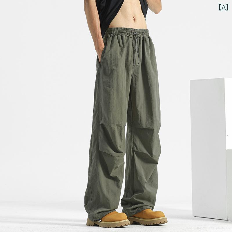 Pants - メンズ 工装パンツ 夏 秋 防紫外線 速乾 クイックドライ ワイドレッグ ストレート ミリタリー ユーティリティ 薄手 軽量 ナイロン ストレッチ ポケット 装飾 ミッドライズ ロープ クロージャー プレーン グレー ブラック ミリタリーグリーン 青年