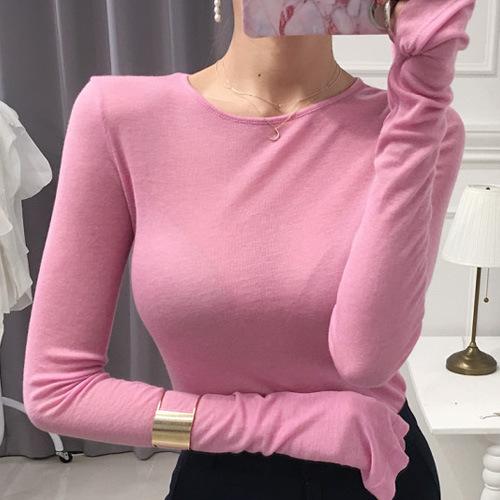 レディース トップス 修身 セクシー インナー 秋 薄手 弾力 微透 胸強調 無地 長袖 Tシャツ 韓国風 通勤 気質 スタイル ポリエステル 黒 ピンク 大紅 乳白 深藍 灰 深棕 酒紅 均一サイズ 成人女性用