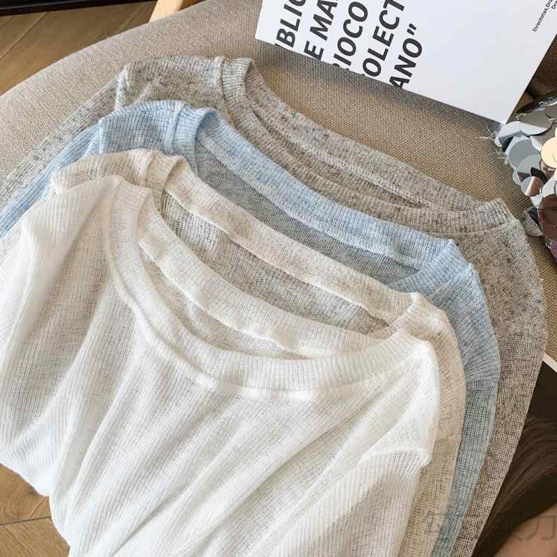 Rakuten - Tシャツ レディース 長袖 薄手 網目 ブルー 夏 防晒 罩衫 薄纱 透け感 接触冷感 綿 スパンデックス 混紡 ゆったり ルーズ フィット 丸首 プリーツ 装飾 私服 ガールズ スタイル 御姐 風 春夏 早春 春秋 外出 レイヤード コーデ 遮蔽 爽や