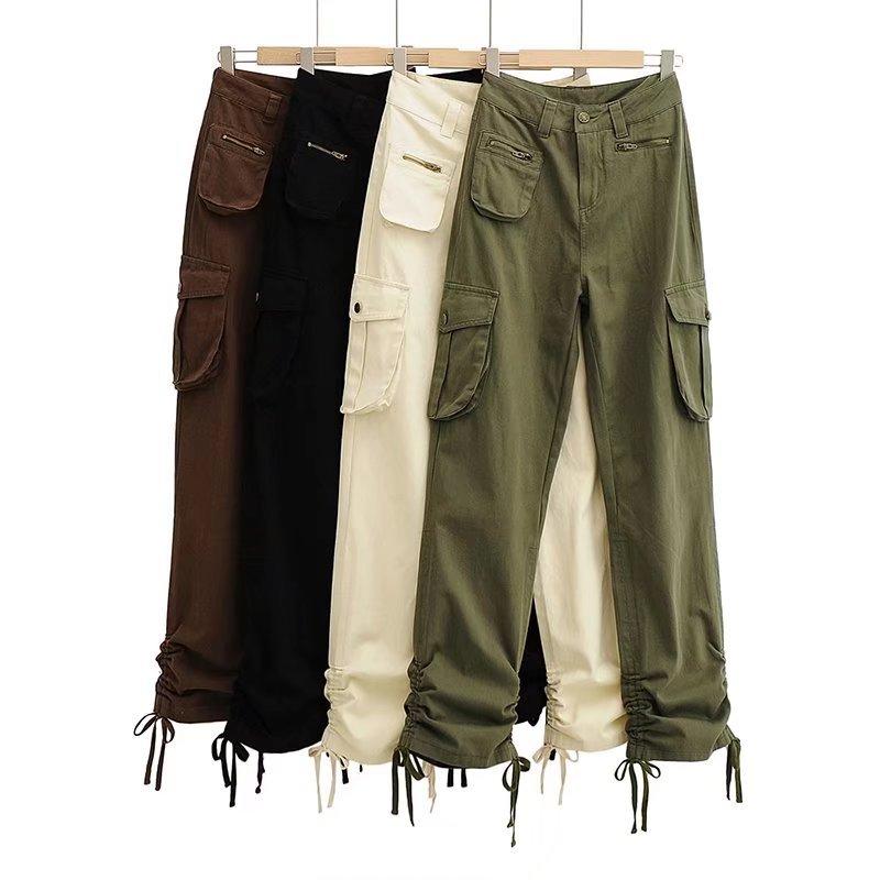 Capri Pants - レディース ロングパンツ 秋 ヴィンテージ風 作業着風 多ポケット 高腰 ストレート ドローストリング コットン 素材 黒 ブラウン ミリタリーグリーン クリーム カラー 街着 セクシー スタイル カジュアル 日常使い ゆったり シルエット 伸縮性 快適