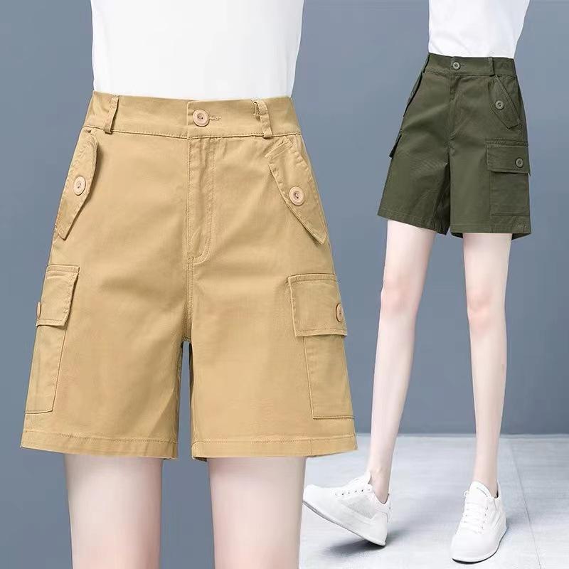 乐天商城 - レディース ショートパンツ 純棉 高腰 薄手 工装 直筒 阔腿 夏 卡其 軍緑 黒 口袋 ストリート 潮人 スタイル 95% 以上 綿 素材 無弾性 ポケット 付き 軽量 快適 普段使い 通勤 カジュアル ファッション