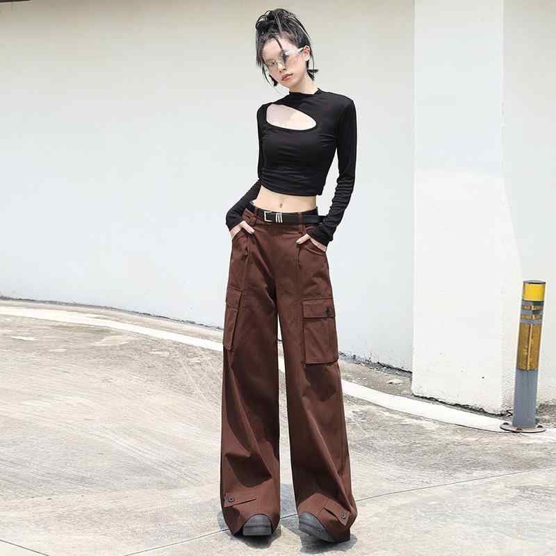 樂天商城 - レディース ワイドパンツ コットン テンセル 秋冬 ロング丈 高腰 ストレート ゆったり 垂感 スリム ポケット ブラウン 黒 長め 日常使い 快適