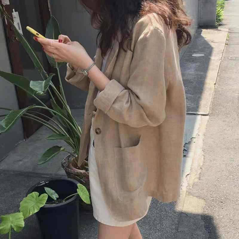 レディース ジャケット コットン リネン 素材 学生 西装 スタイル 韓国風 ゆったり フィット 長袖 西装 領 シングル ボタン 切り替え デザイン 気質 通勤 都市風 快適 休闲 ベージュ