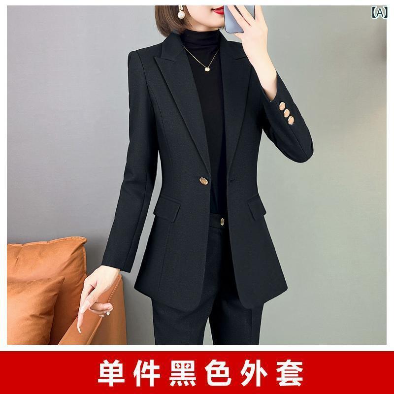 Coat - レディース ジャケット セットアップ 長袖 ブラック ピーコックブルー パープル ビジネス 職業服 通勤 スーツ 涤纶 素材 秋 気質 優雅 9分丈 パンツ メンズ 女性用 フォーマル シャツ コート トップス 軽量 伸縮性 ハイネック ボタン 袖口 調