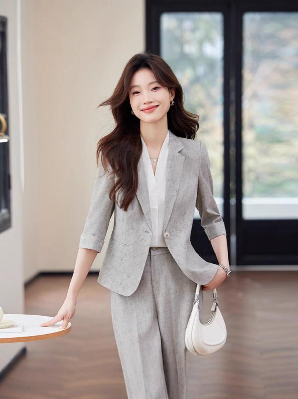 スーツ セット レディース ジャケット ワイドパンツ 2点セット 職業服 フォーマルウェア 高級感 気質 長袖 長ズボン ポリエステル スパンデックス 緑 グレー ベージュ 春季 気質優雅 スタンダードスリーブ