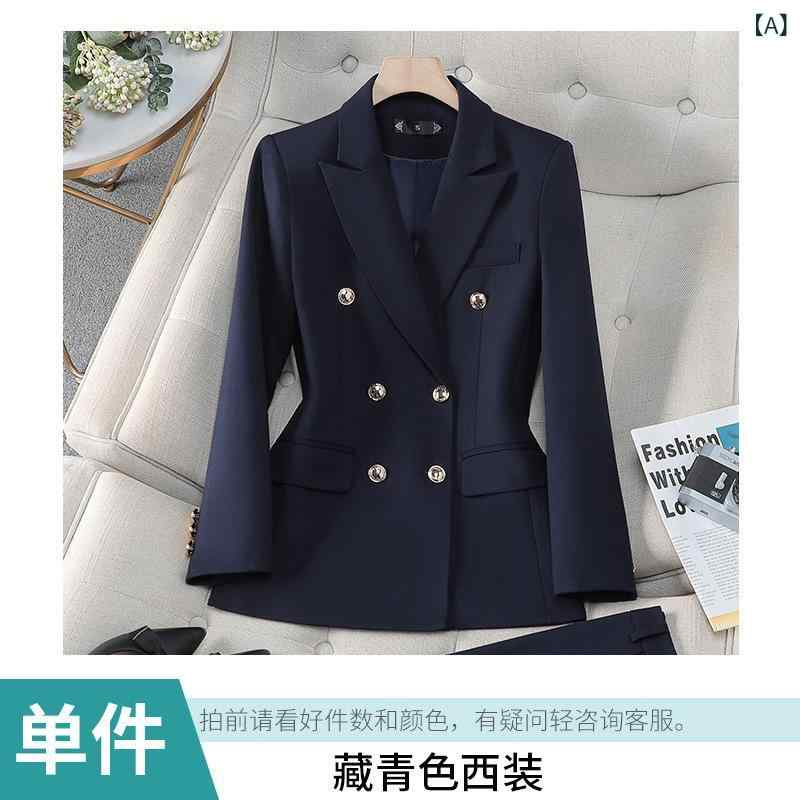 乐天商城 - レディース スーツ セット ジャケット パンツ 春 ネイビー グレー カーキ 長袖 長ズボン ダブルブレスト ボタン ポリエステル 職業 通勤 ビジネス フォーマル 洗練 高級感 クラシック スタイル 洗える 軽量