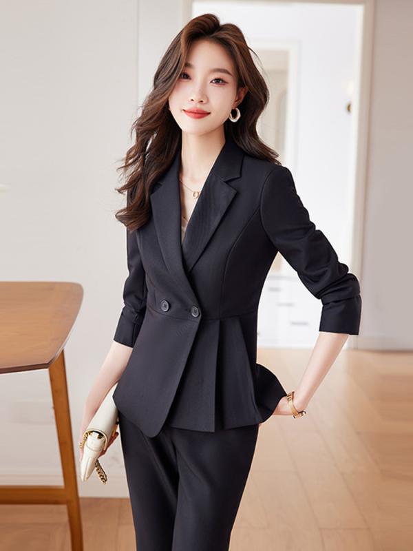 Rakuten - レディース 西装 セットアップ ジャケット 長袖 パンツ 長ズボン 秋季 ポリエステル 繊維 80% 以上 快適 ビジネス 職場 面接 気質 フォーマル 紺 黒 グレー トップス スーツ 女性用 通勤 普段使い
