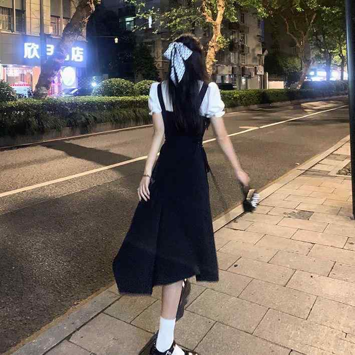 ワンピース 黒 偽ツーピース 背带 ロングスカート 春夏 A字型 無袖 無領 修身型 切り替え 開衩 調整腰 気質 通勤風 快適 デート 約会 ポリエステル ポリエステル繊維 涼しい 軽量 純色