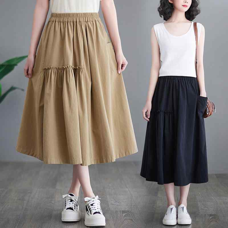 樂天商城 - 半身スカート 女性用 プリーツスカート 中長丈 コットンリネン 大きめフレア Aライン ポケット付き 無地 織り 夏 春夏 白色 黒 卡其 通勤 普段使い カジュアル 軽量 快適 快適休闲 文艺風 復古 無弾力 50-70%コットン 他の繊維
